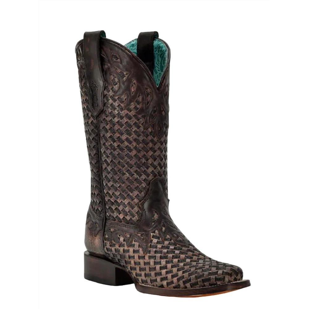 NEW CORRAL women's glitter woven overlay square toe cowboy boot in chocolate - Picture 1 of 4